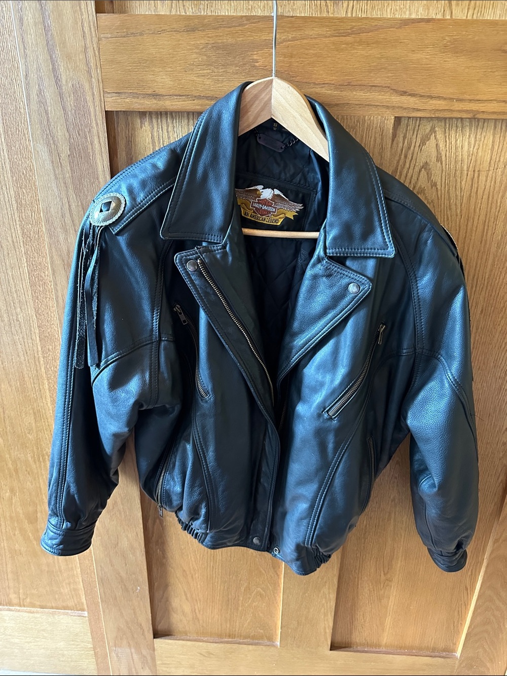 Harley-Davidson Black Leather Motorcycle Jacket with Fringe Epaulet